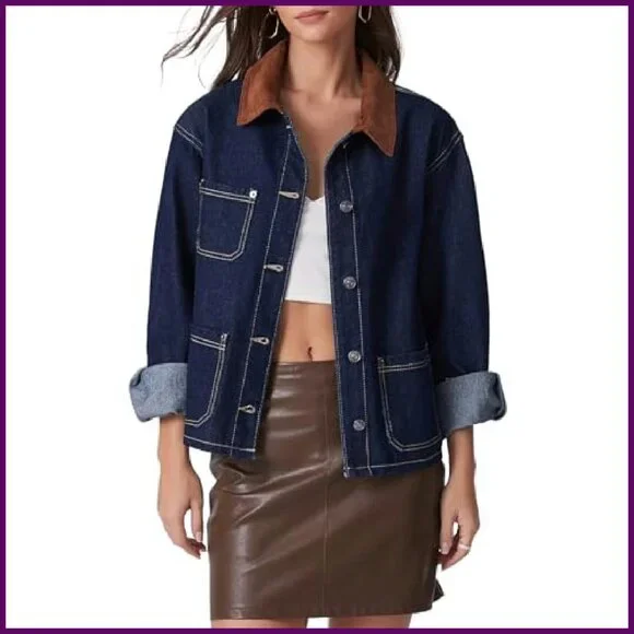 Vintage Denim Jacket with Corduroy Collar Loose Fit Button Down Shacket